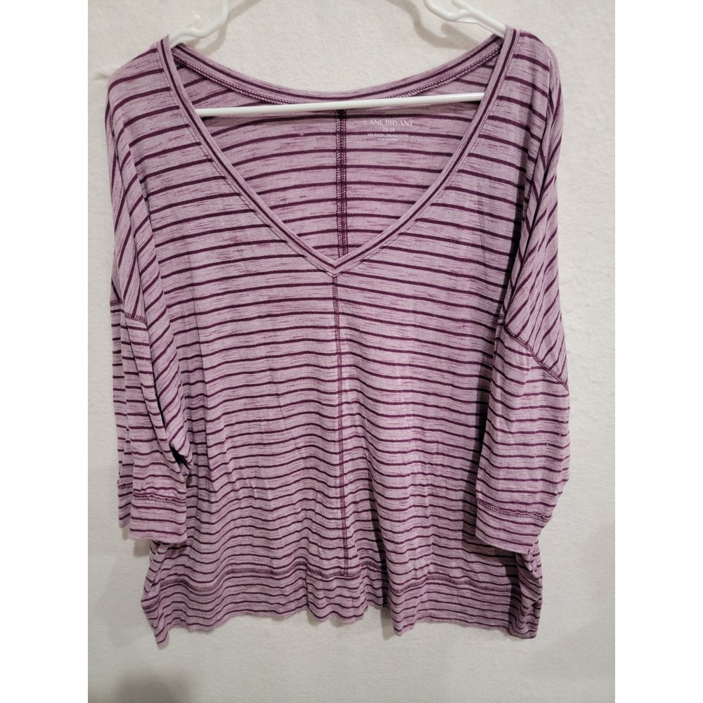 Lane Bryant 26/28 Purple Striped‎ V-Neck Top Plus Size Batwing Dolman Tunic Knit